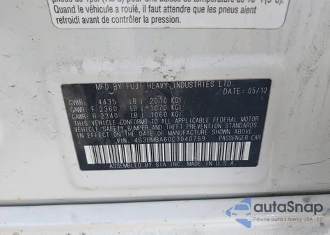 2012 Subaru Legacy 2.5I from USA, damaged, VIN 4S3BMBA60C3040769